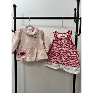 ELLE Baby Girl Dress Bundle 12M 18M | Cherry Print & Pink Bird Long Sleeve Outfi